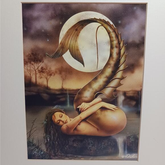 RARE David Delamare "Bathing in Moonlight" Mermaid Matted Print 11x14 inch NEW - Picture 2 of 6